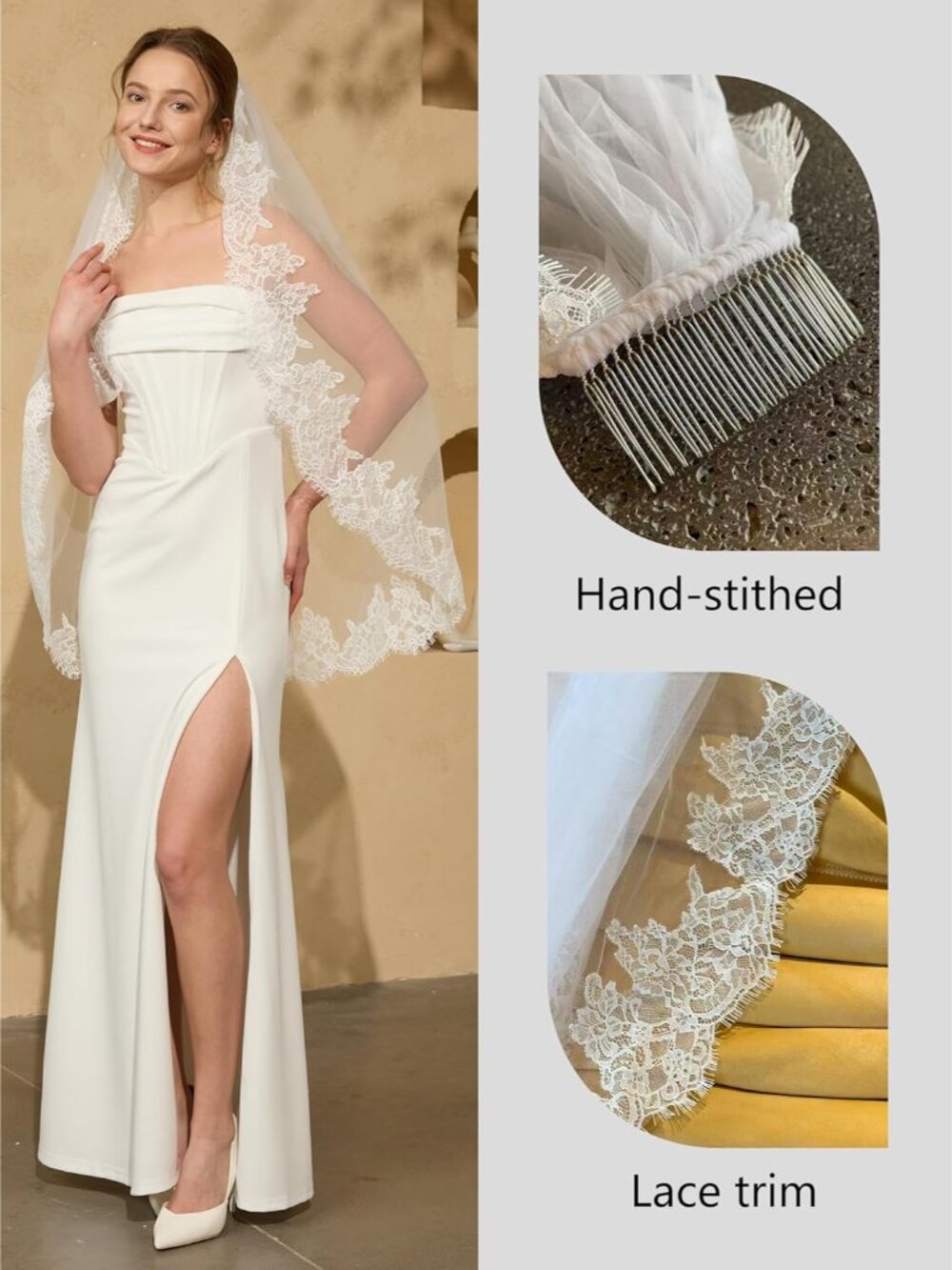 1 Tier Lace Veil Bridal Veil with Metal Comb, Wedding Veils for Women in Ivory & - Picture 2 of 7